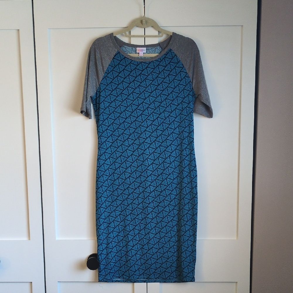 LuLaRoe Julia Dress Size M Blue Gray Geometric Print Midi Stretch
